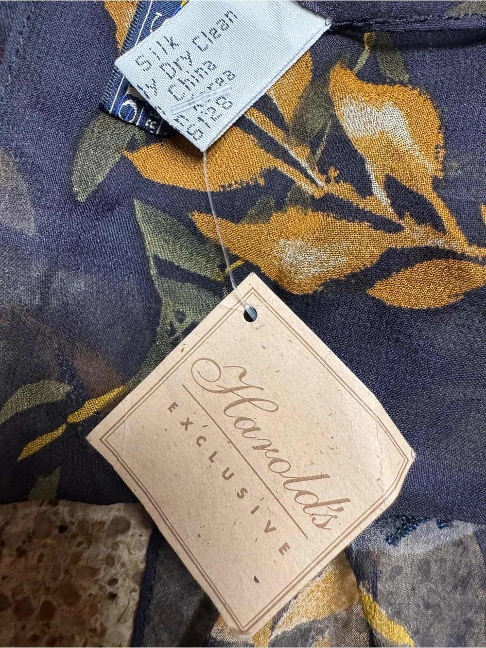 Harold's Vintage Silk Black Scarf with Mustard and Olive Leaf Print